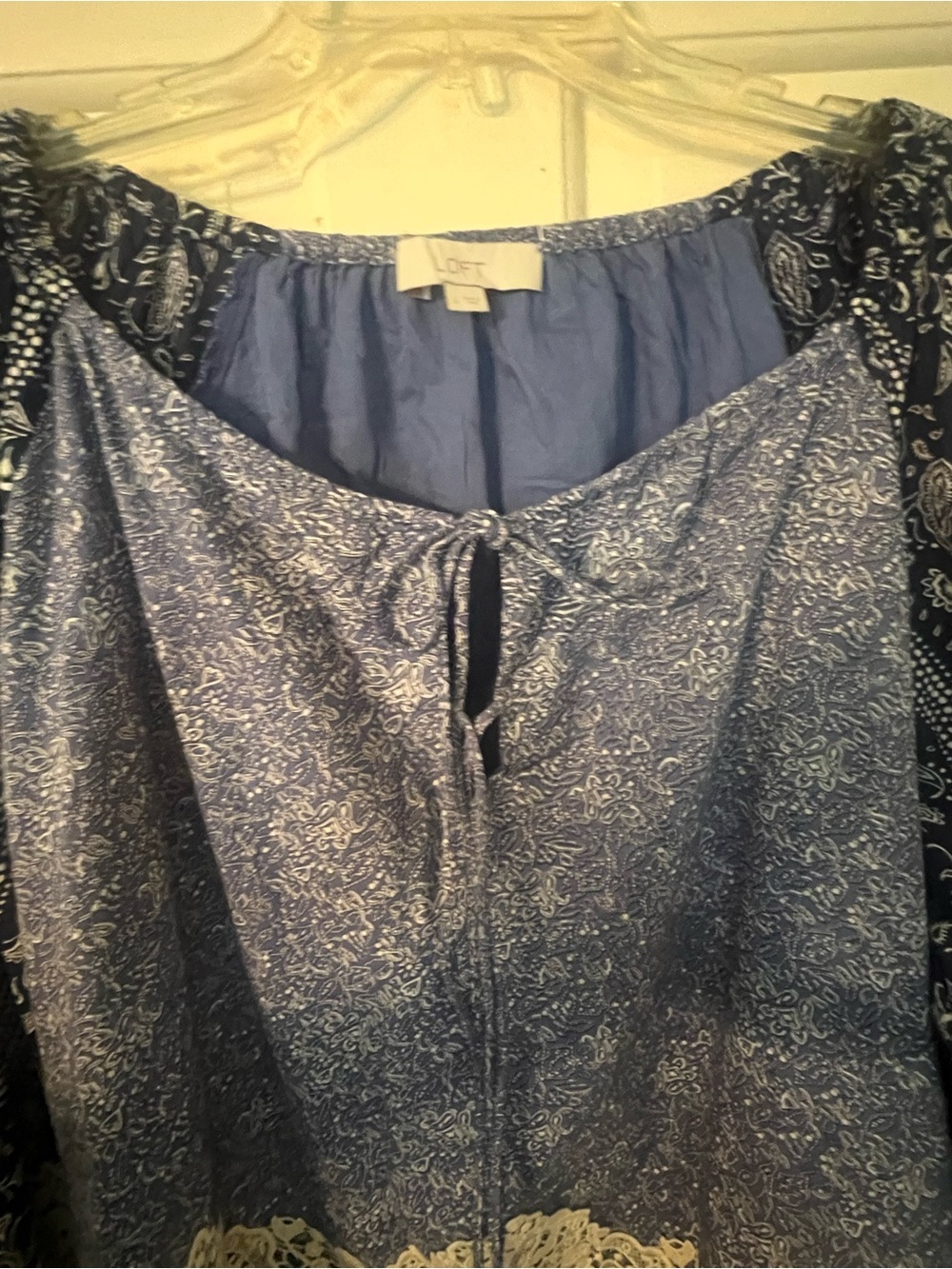 Loft Blue Boho Lace Trim Peasant mini Dress cottage poplin balloon sleeve L cos - Picture 8 of 13